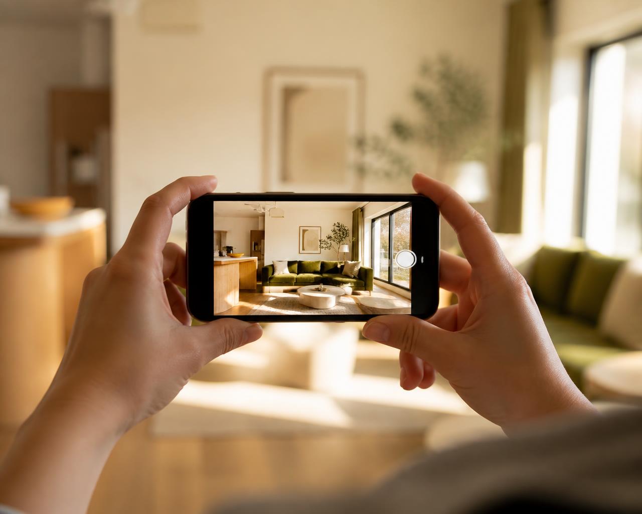 Someone documenting their apartment living room with a smartphone